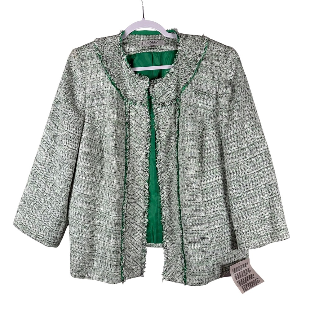 Kasper Separates Womens 16W Jacket Green Tweed Boucle Fringed Raw Hem Blazer NWT
